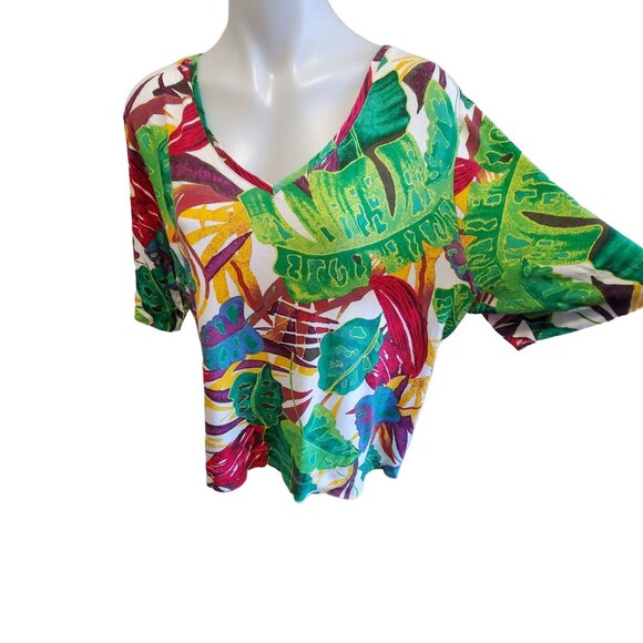 Chicos XXL Vibrant Tropical Retro Leaf Print Top Multicolor T-Shirt NWOT - Picture 4 of 11
